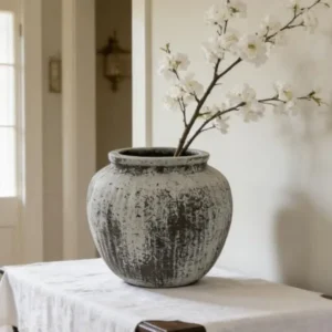 Large Rustic Minimalist Distressed Round Floor Vase