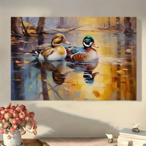 Autumn-colored wood duck - Wild oil painting with thick pine wood frame