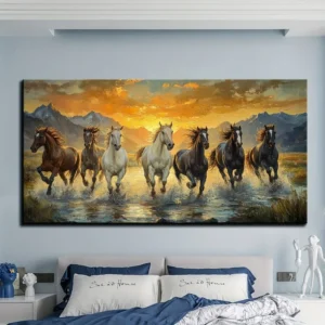 Elegant Feng Shui Seven horse canvas wall art with pine wood frame.