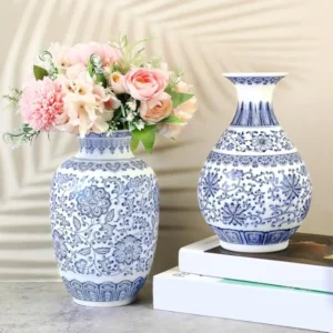 2 Pcs 9 Inch Blue and White Vase Chinoiserie Vase Home Decor Vintage