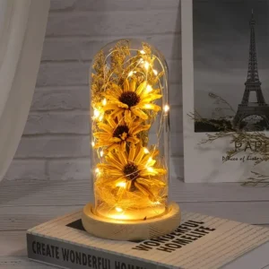 Artificial Sunflowers in Glass Dome with LED Strip.