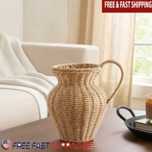 9 Inch Faux Wood Rattan Pitcher Vase,