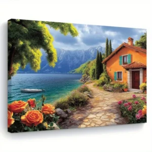 Cottage Lake House canvas mural with thick pine wood frame.